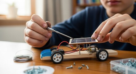 Child Assembling Solar Panel Toy Car Science Project Learning Renewable Energy Education