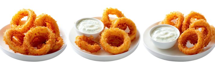 Onion rings with dip on plates, isolated on a dark background
