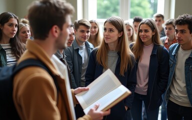 Group of students listening a professor explaining something and showing a book. They are standing around teacher lector and listening him. Education at highschool, college, university concept.