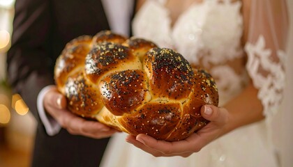 Traditional Jewish wedding Challah Bread ceremony, Groom and bride holding poppy seed loaf.