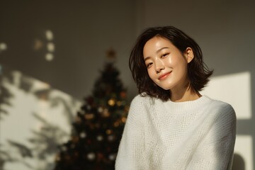 뷰티 여성,따뜻한 크리스마스 분위기 속 실내에서 미소 짓는 여성, 라이프스타일 Generating AI
