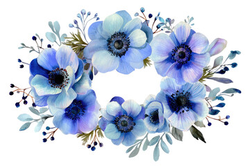 Floral wreath blue anemones, berries, on black