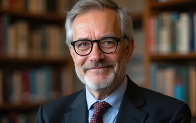 Portrait of mature male professor with glasses in a public library. High quality