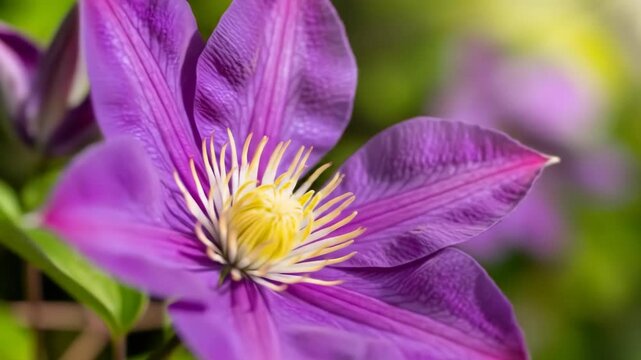 Purple clematis flower in partial focus with a sunny green background