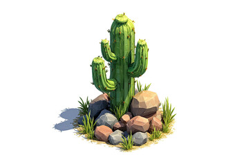 Stylized cartoon cactus amid rocks and desert grass