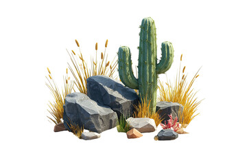Desert scene cactus, rocks, and dry grass cluster
