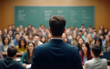 Rear view of an adult professor giving a lecture to a large group of students in a classroom. High quality