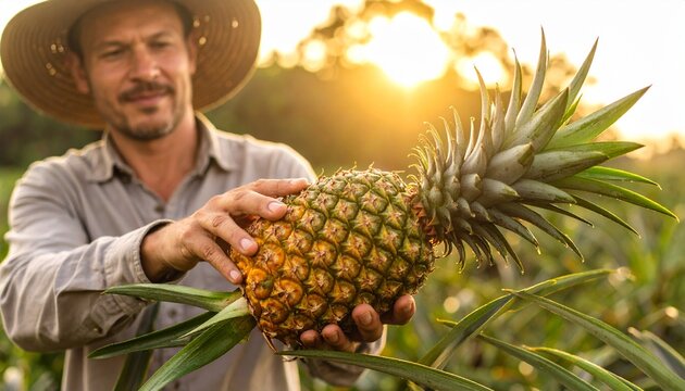 Farmer inspecting a ripe pineapple on a sunny plantation