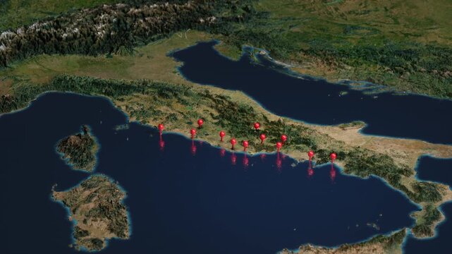 Animation of a 3D map of Italy with red location pins.