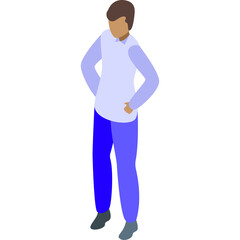 Isometric full body of a person wearing a light blue long sleeve shirt and dark blue pants with gray shoes standing with hands on hips against a white background in a studio setting illustration