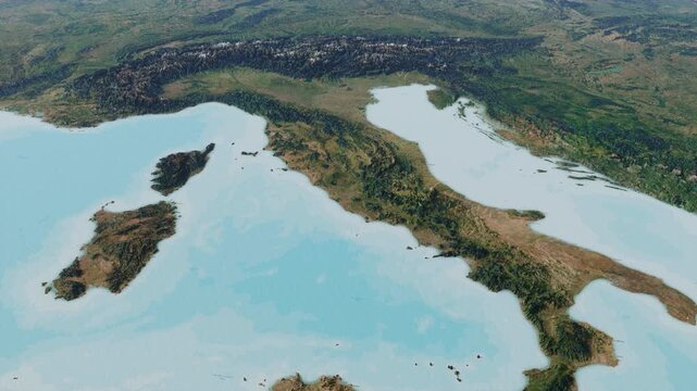 3D render of Italy's map with mountains and blue water.
