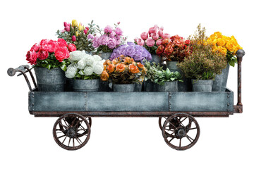 Flowers in metal pots on vintage gray wagon