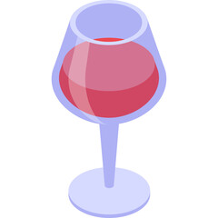Isometric glass filled with red wine on transparent background with pastel purple stem and base