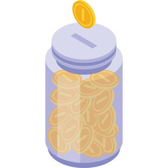 Isometric Glass Jar Filled With Golden Coins And Lid A Single Coin Falling Into The Slot From Above On A Transparent Background