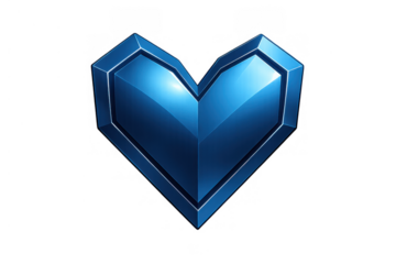 Blue metallic heart icon, a shiny geometric symbol, representing health, technology, and romantic love. Transparent background