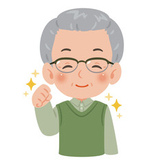 元気で笑顔なシニア男性　上半身イラスト／Upper Body Illustration of Energetic Smiling Senior Man with Bent Arm Fist Pum