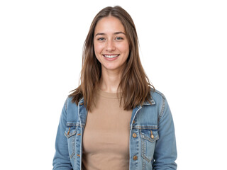 Obraz premium Smiling woman wearing a denim jacket in a bright setting with natural light indoors