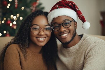 Christmas african american couple happy portrait glasses.