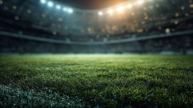 A captivating view of an empty sports arena during a competition, with lush green grass in the foreground and a blurred background.