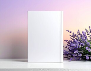 Blank White Book Cover Mockup with Lavender Flowers Customizable Design Template