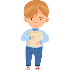 A Young Boy With Blond Hair Wearing A Blue Collared Shirt And Blue Jeans Stands Holding A Paper With A Concerned Expression On His Face