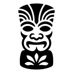 Tiki tribal wooden mask set and Tiki mug. Hawaiian traditional elements. Colored, wooden and black and white silhouette. Vector illustration