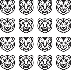 Black and white graphic pattern of tiger faces with bold outlines and sharp features animal head