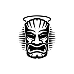 Tiki tribal wooden mask set and Tiki mug. Hawaiian traditional elements. Colored, wooden and black and white silhouette. Vector illustration