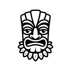 Tiki tribal wooden mask set and Tiki mug. Hawaiian traditional elements. Colored, wooden and black and white silhouette. Vector illustration