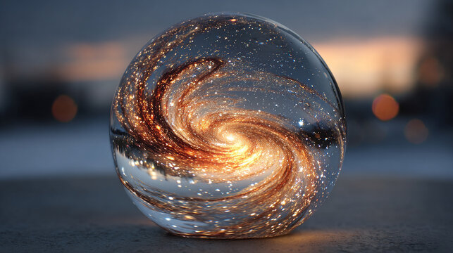 A crystal sphere containing a swirling galaxy, vivid stars and cosmic colors suspended inside, hyperrealistic and glowing with ethereal light.
