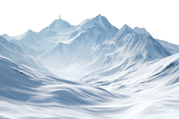 Snowy mountain peaks pierce a soft, hazy blue sky