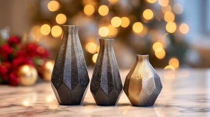 Three geometric glittering vases on marble with blurred festive lights elegant holiday decor still life background with copy space for branding product mockup and social media