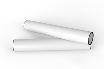 3D Realistic white tube paper mockup with black caps on both ends, isolated on background. Blank paper tube for showcasing artwork, poster, shipping posters, artwork, documents or parcel packaging