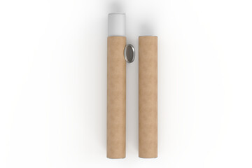 3D Realistic cardboard tube mockup with cap and rolled white poster inside, isolated. Blank kraft paper tube for showcasing artwork, poster, shipping posters, artwork, documents or parcel packaging