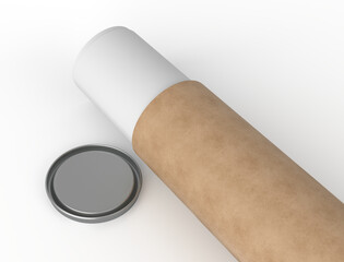 3D Realistic cardboard tube mockup with cap and rolled white poster inside, isolated. Blank kraft paper tube for showcasing artwork, poster, shipping posters, artwork, documents or parcel packaging
