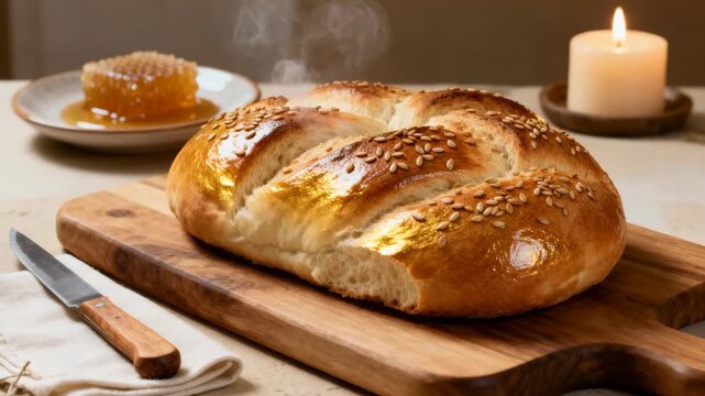 Freshly baked challah bread on wooden board with honey and candle  