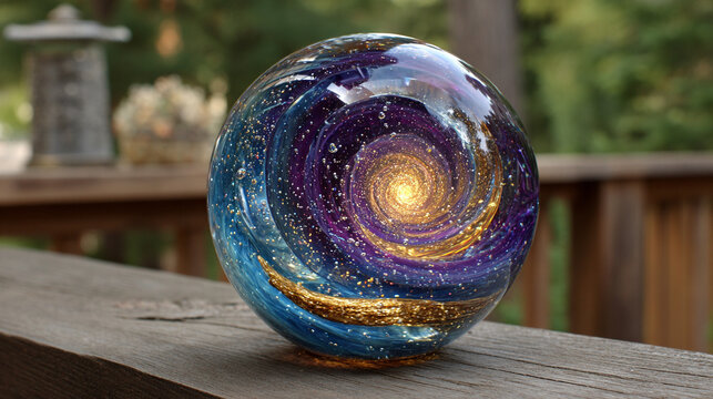 A crystal sphere containing a swirling galaxy, vivid stars and cosmic colors suspended inside, hyperrealistic and glowing with ethereal light.
