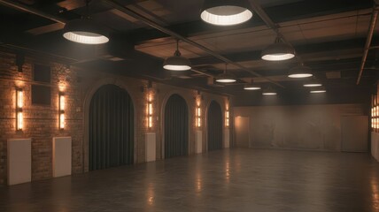 Naklejka premium Empty industrial style room with brick walls arched doorways and pendant lights interior space