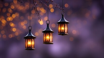 Three hanging lamps warm amber light against soft purple bokeh background cozy ambient lighting elegant interior decor moody modern home design copy space for branding and product mockup