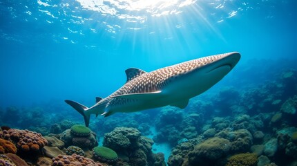 Fototapeta premium Oceanic Majesty: A whale shark gracefully glides through the clear, turquoise water, its majestic form illuminated by the sun's rays, showcasing the beauty of the underwater world.