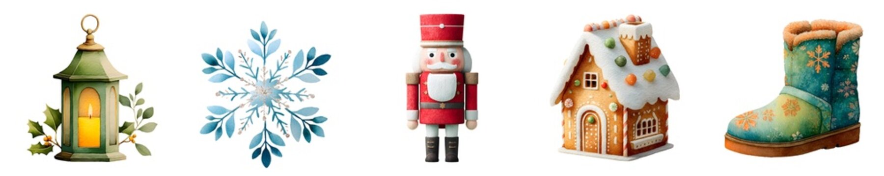 Watercolor Christmas clipart with lantern, snowflake, nutcracker, gingerbread house, boot, set on transparent background