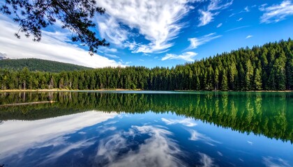 Fototapeta premium Tranquil Lake Reflection Surrounded by Lush Green Forest on a Sunny Day