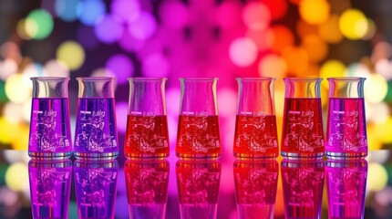Vibrant Drinks Display: A stunning visual of an array of colorful beverages, each contained within a sleek glass, set against a blurred background of festive hues.