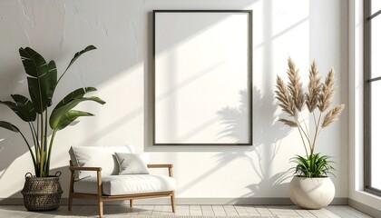 Fototapeta premium Cozy minimalist living room with a large framed picture, natural light, and potted plants