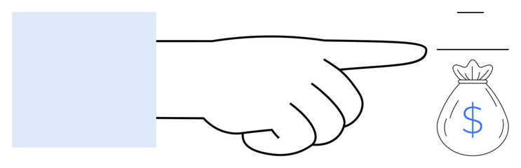 Outstretched hand pointing at money bag with dollar sign symbolizing financial decisions. Ideal for investment, saving, earning, economy, growth, strategy, and goals. Simple flat metaphor