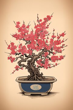 An isolated sakura bonzai pot flower bonsai plant.
