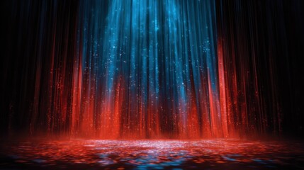 Vibrant Red and Blue Curtains in a Dramatic Theatre Background