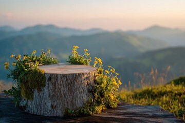 A vibrant tree stump blooming with wildflowers overlooks a scenic mountain range