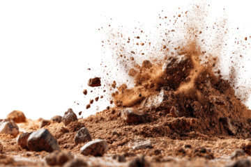 Dust & stone explosion. Dark background, low angle
