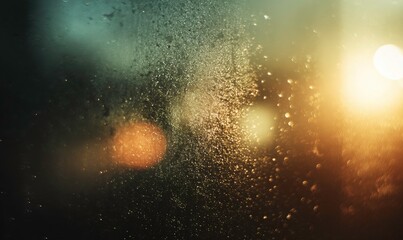 Raindrops on glass with blurred city lights and warm bokeh effect